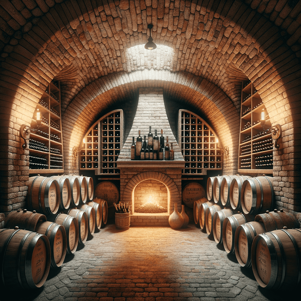 A cozy and rustic wine cellar with a brick fireplace hearth in the center, surrounded by wooden wine racks filled with bottles, and wine barrels neatly arranged on the floor.