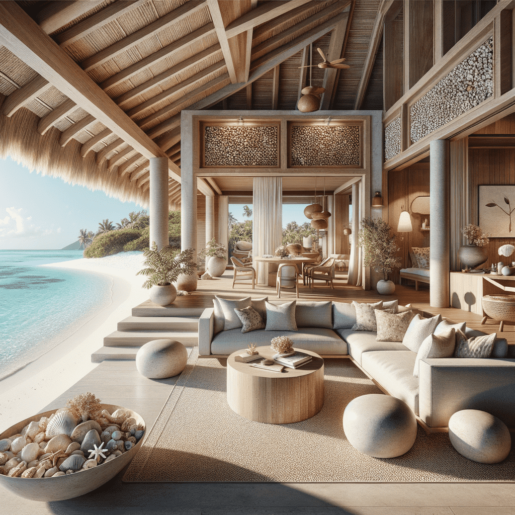 An elegant beachside living area with a natural aesthetic, featuring a sunken seating arrangement, wooden accents, and thatched roof, overlooking a serene tropical beach. No fireplace is visible in the image.