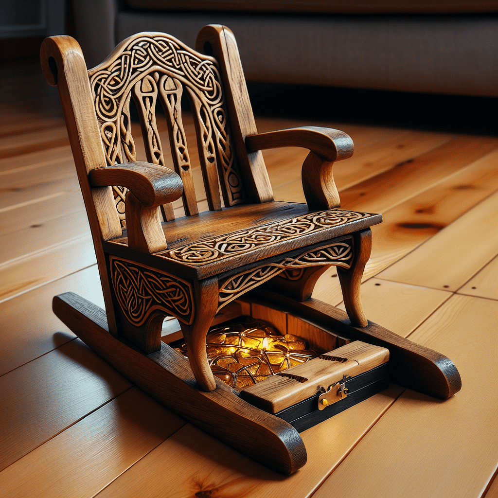 Alt text: A decorative wooden rocking chair with intricate Celtic patterns, cleverly concealing a leprechaun trap underneath its seat, which is baited with shiny gold coins.