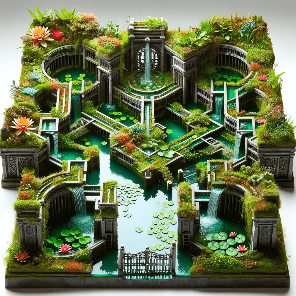 Alt text: A meticulously crafted model of a fantastical leprechaun trap featuring a miniature garden with lush greenery, flowing waterways, stone archways, and a central fountain, designed to enchant and captivate.