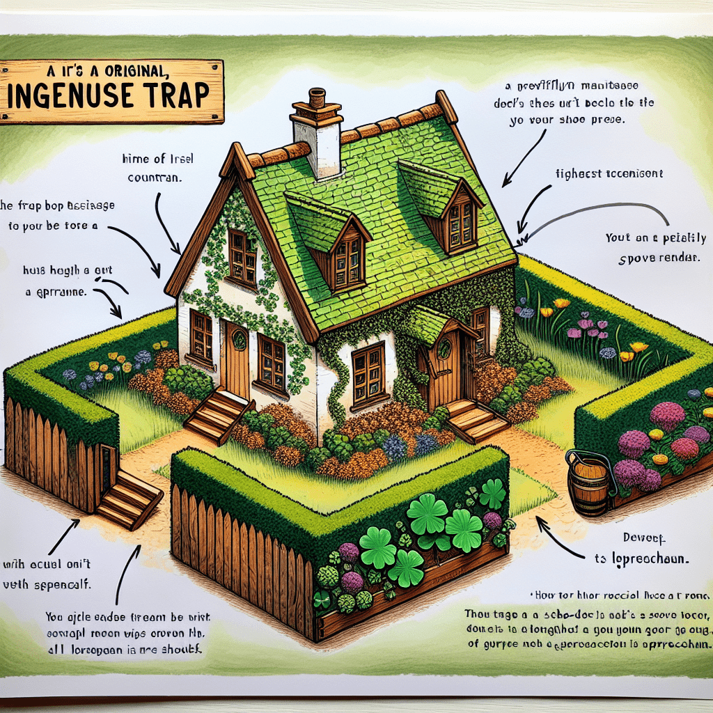 A colorful illustration of an imaginative leprechaun trap designed as a quaint house with a detailed plan listing various enticing elements such as a hopscotch entrance, a fake pot of gold, and cozy decorations to lure a leprechaun. The trap is surrounded by lush greenery and has playful instructions written around it.