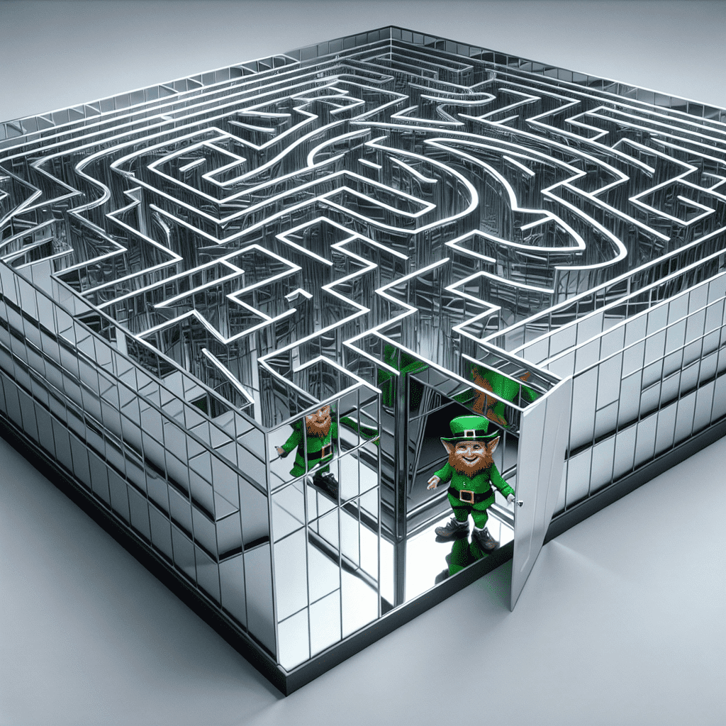 A digitally rendered image of a complex maze with a leprechaun cartoon character standing at the entrance, symbolizing a creative and playful leprechaun trap idea.