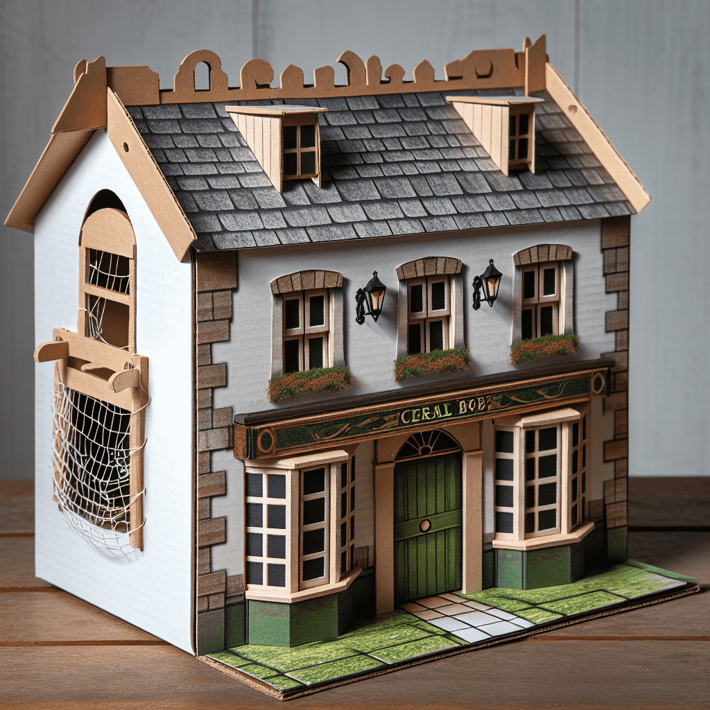 A crafted leprechaun trap designed to look like a quaint two-story building with a faux stone facade, labeled "CERRA B&B," featuring details such as window boxes, a front door, and a side net trap.