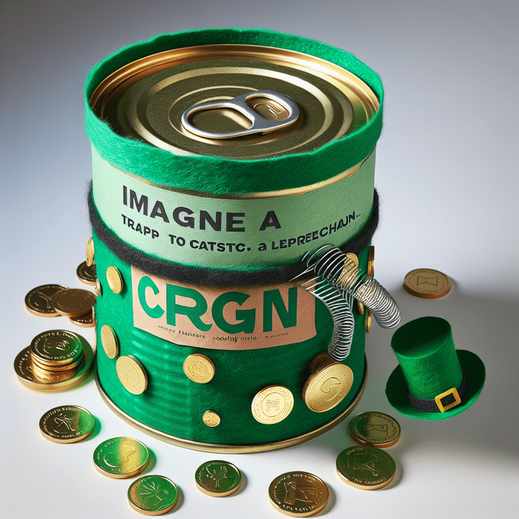 Alt text: A creative leprechaun trap made from a repurposed food can wrapped in green felt with the words "Imagine a trap to catch a leprechaun" and outfitted with faux gold coins, a tiny hat, and a coiled spring trap on the top.