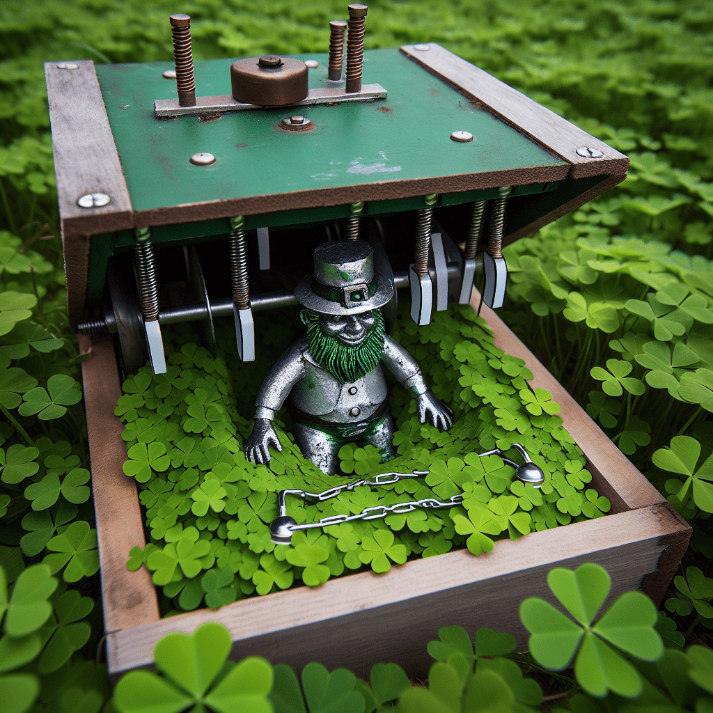 A three-dimensional illustration of a whimsical leprechaun trap with a miniature metallic leprechaun figurine standing among clovers inside a wooden box. The trap features a spring mechanism with a green top plate ready to snap shut.