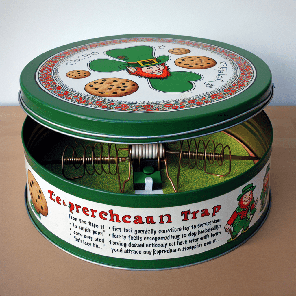 A decorative tin designed as a leprechaun trap with a spring-mechanism inside, cookies as bait on the top and themed markings around the exterior.