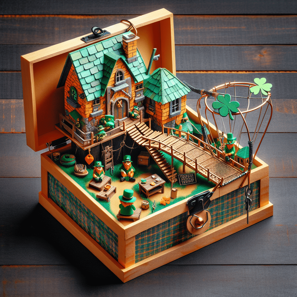 Alt text: A intricately designed leprechaun trap featuring a miniature village scene with small houses, a bridge, and figures dressed like leprechauns, all contained within an open wooden box.