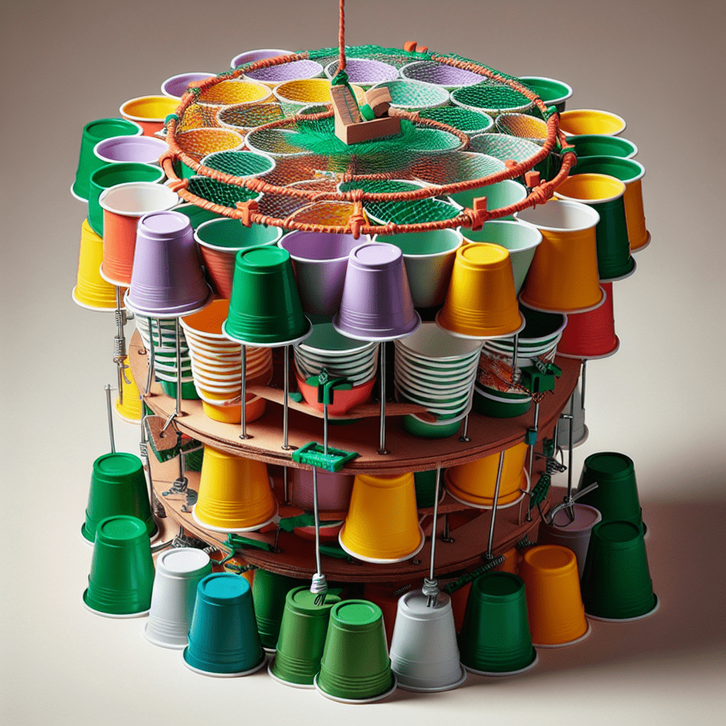 A colorful, multi-tiered leprechaun trap made from stacked plastic cups in green, orange, purple, and white, with a central bait trap and netting.