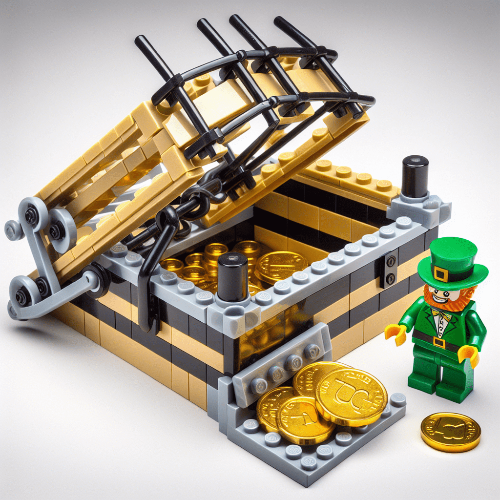 Alt text: A LEGO leprechaun trap featuring a small figure in a green leprechaun outfit next to a brick-built trap. The trap has a bait of gold coins and a tilting platform designed to spring closed with bars. The structure is built mostly in black and gold colors to mimic a pot of gold.