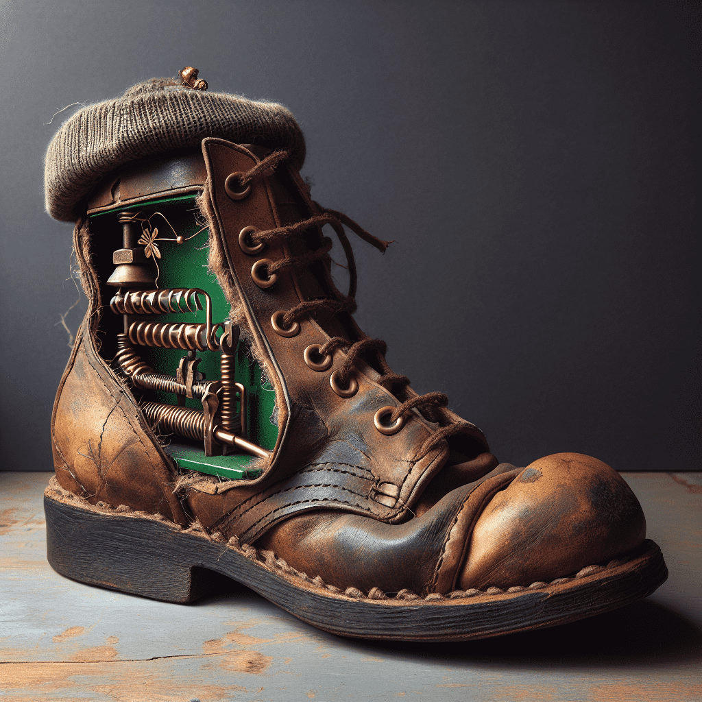 An old brown leather boot with the inside ingeniously transformed into a mechanical leprechaun trap, complete with gears and springs, against a dark background. The boot is capped with a woolen hat, adding to the trap's concealment.