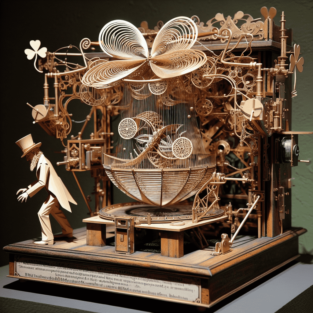 "An elaborate, mechanical leprechaun trap with intricate gears and a four-leaf clover design, displayed alongside a miniature figure resembling a leprechaun about to step into the trap."