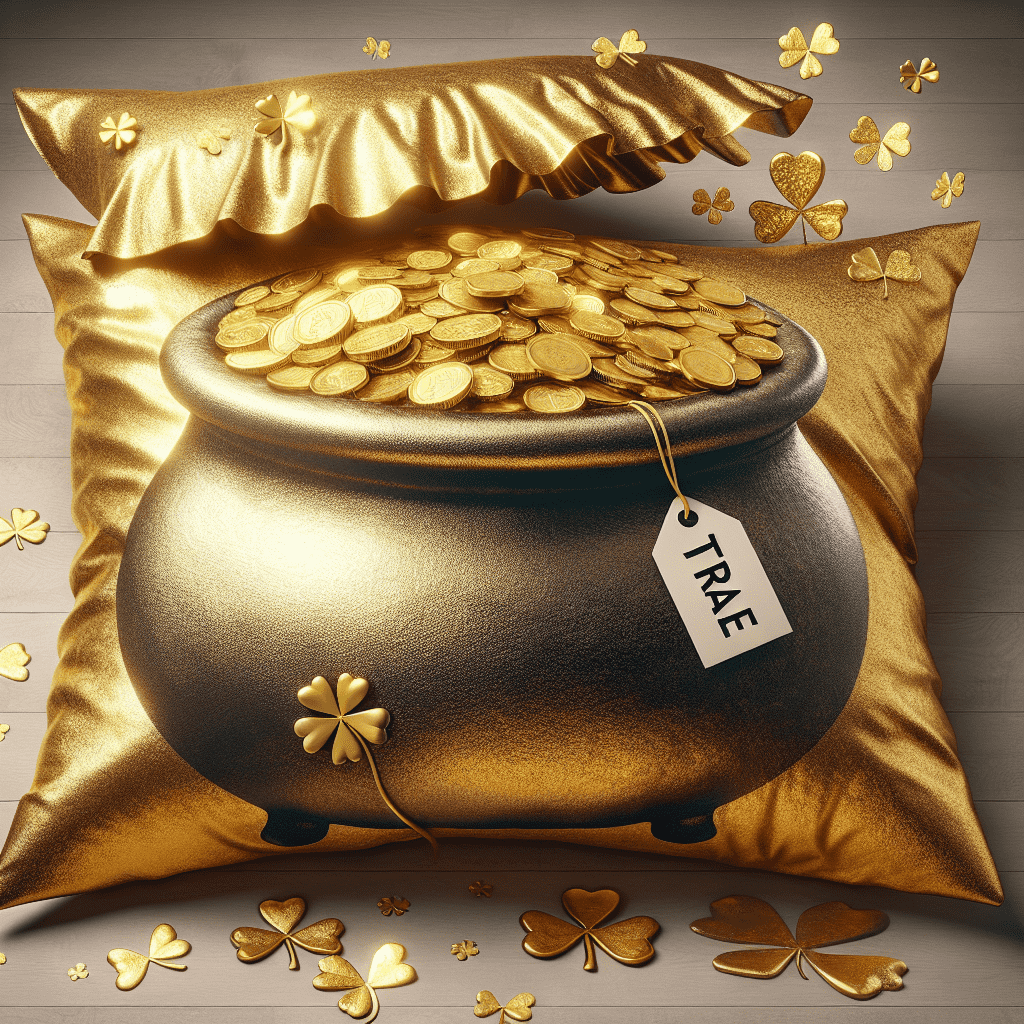 Alt text: A golden pot filled with coins sits on golden pillows, with a tag labeled "TRAP" attached to the pot, surrounded by shamrocks and hearts, as a decorative leprechaun trap setup.