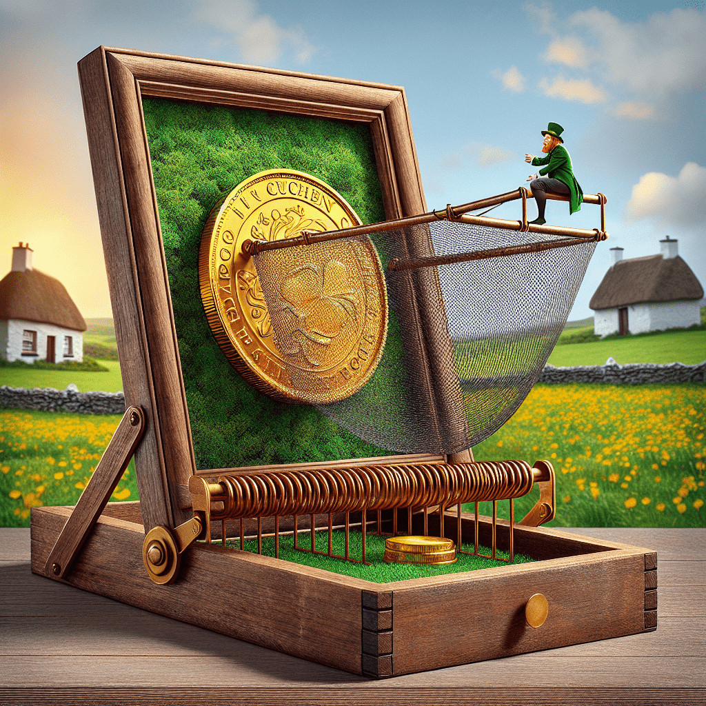 A whimsical illustration of a leprechaun trap featuring a mouse trap design, with a large coin used as bait and a net ready to spring, set in a countryside scene with a miniature leprechaun sitting atop the net.