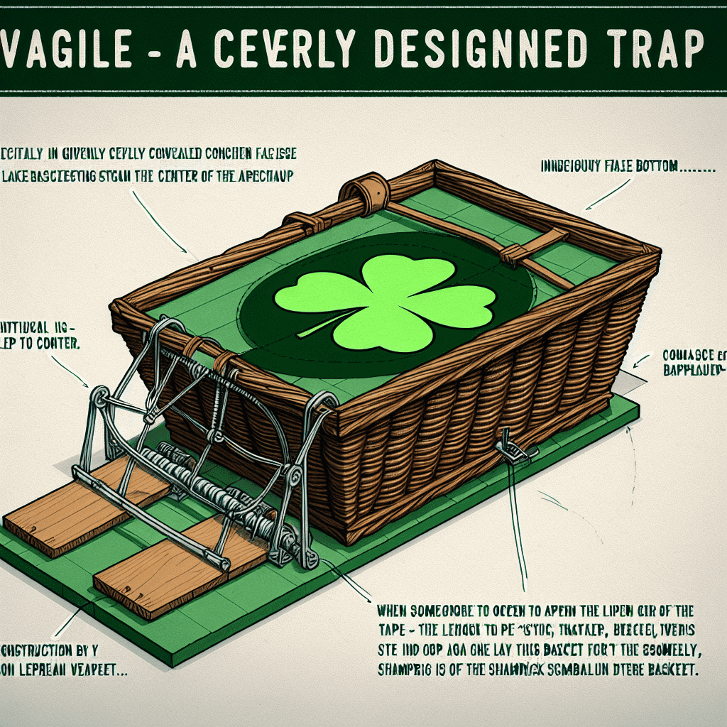 Alt text: Illustration of a leprechaun trap featuring a shamrock at the center on a false bottom, surrounded by wooden walls with a spring mechanism set to trigger when the shamrock is disturbed, all designed with a humorous and intricate touch to resemble a whimsical, yet clever contraption.