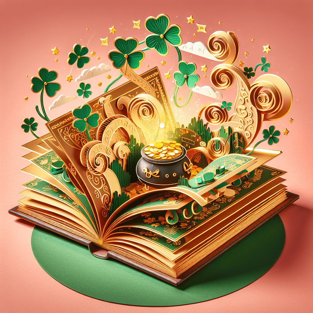 An imaginative illustration of a leprechaun trap, featuring an open book with pop-up elements of clovers and a pot of gold, set against a whimsical background suggestive of magic and Irish folklore.