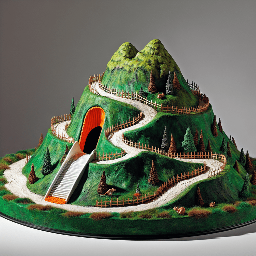 Alt text: "A crafty leprechaun trap designed as a miniature, lush green mountain with a winding pathway, trees, a fence, and an alluring tunnel entrance at the base of the hill."