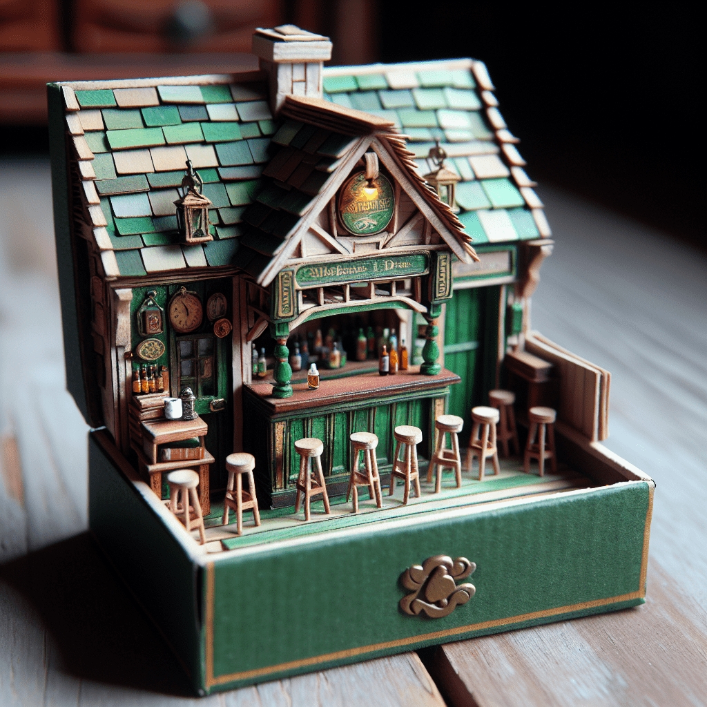 A miniature, intricately detailed model of an Irish pub designed as a leprechaun trap, complete with bar stools, a sign, and a shamrock emblem.