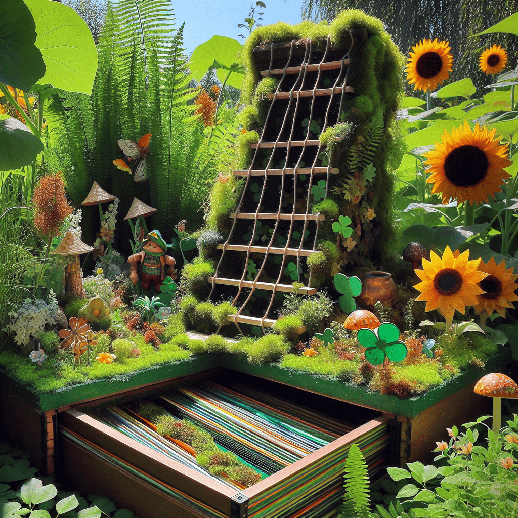 An elaborate leprechaun trap featuring a ladder covered in greenery leading down to an open, drawer-like compartment set in a lush garden with sunflowers, ferns, mushrooms, and shamrock decorations.