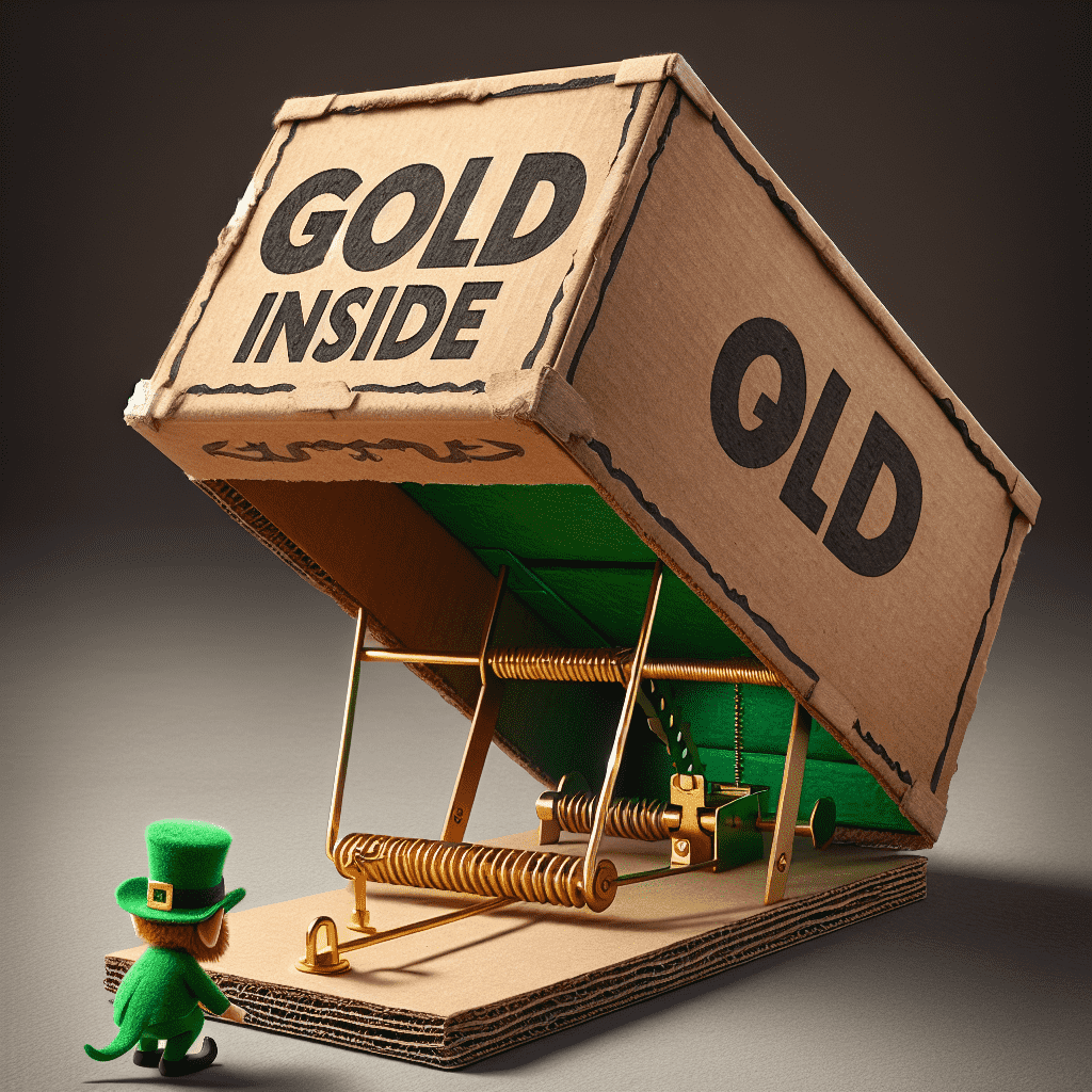 A whimsical leprechaun trap made from a cardboard box propped up with a stick, with the words "GOLD INSIDE" written on it, next to a small figure of a leprechaun with a green hat. The trap is set with mock springs and wooden mechanisms to appear functional.