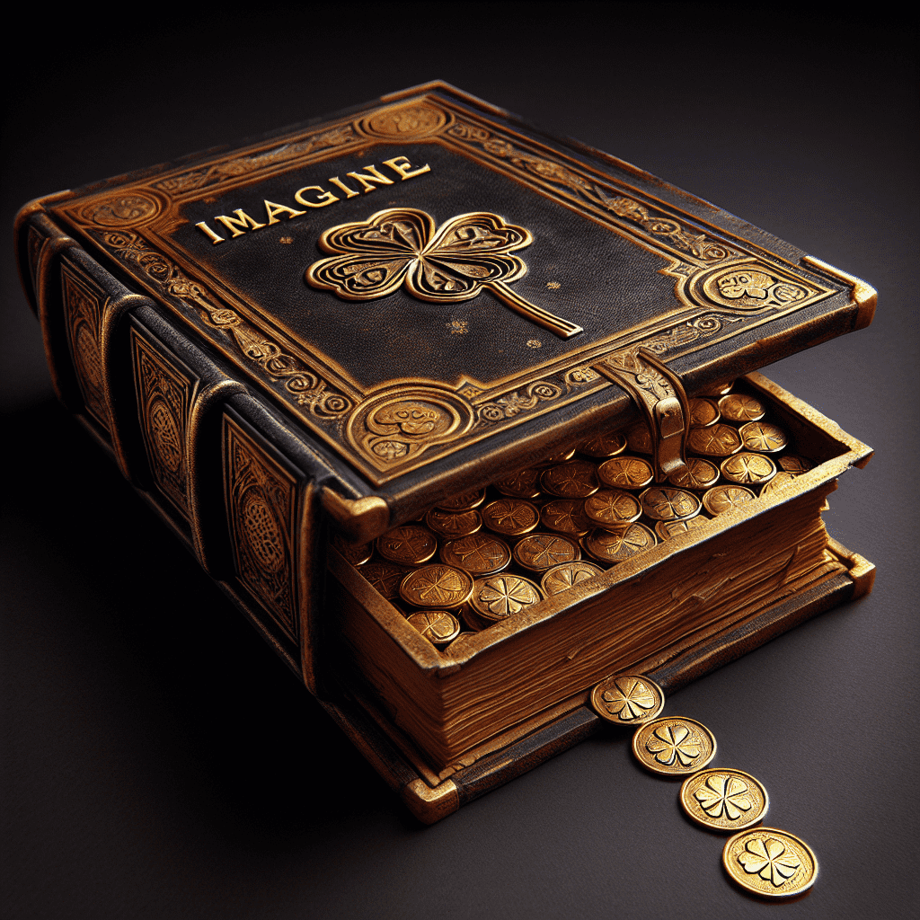 Alt text: A decorated book titled "IMAGINE" with a clover on the cover, which is actually a box designed to look like a book, is opened to reveal a trap made to look like a pile of gold coins inside, enticing for a leprechaun. Some coins are spilled outside the trap to enhance the illusion.