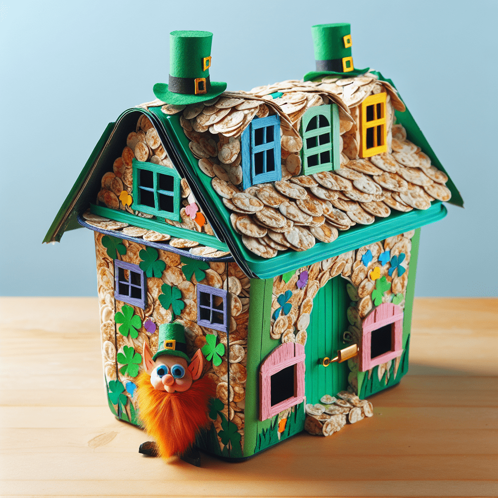 A colorful house-shaped leprechaun trap covered in faux-wooden shingles with painted windows, doors, and adorned with decorative clovers. A toy leprechaun with an orange beard and green top hat is at the door, suggesting a bait for the trap.