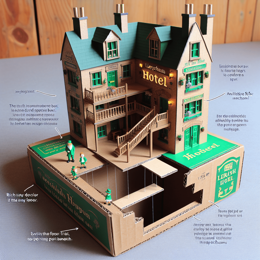 A homemade leprechaun trap designed to look like a small, intricate cardboard hotel with multiple floors and labeled "Irish Hotel." There are small figurines of leprechauns near the entrance and trap mechanisms labeled with humorous instructions.