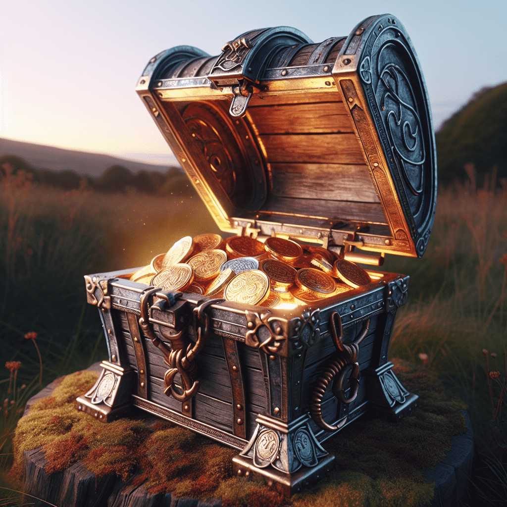 An ornate treasure chest open in a field at dusk, filled with shimmering gold coins, intended as a trap idea for a leprechaun.