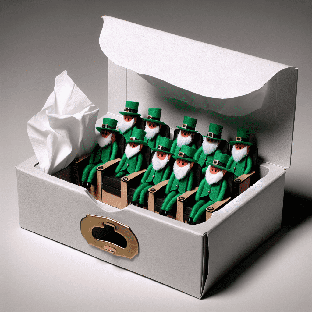 A humorous image of a tissue box filled with plush leprechaun dolls designed to look like a trap for catching leprechauns with tissues as bait.