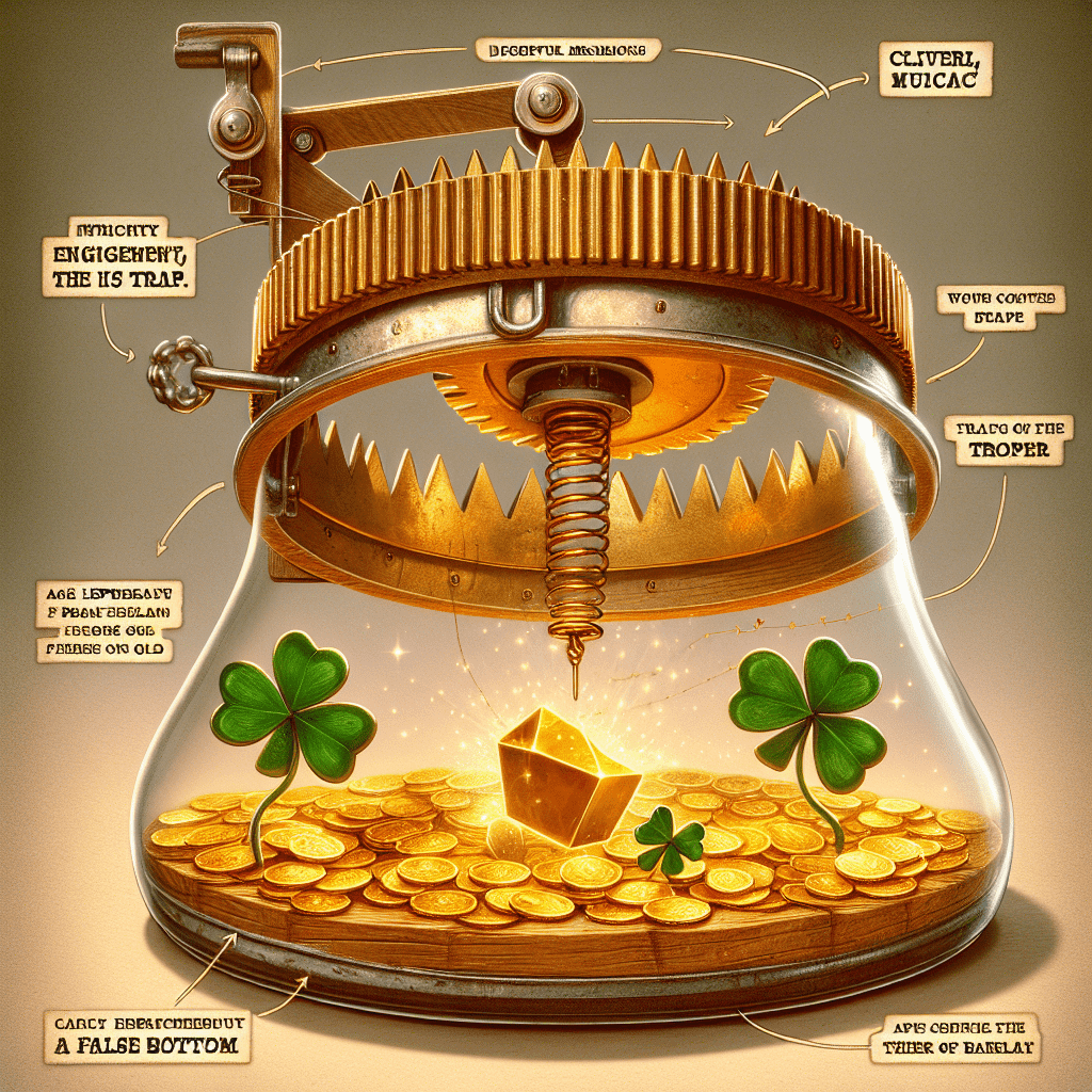 Alt text: "Illustration of an intricate leprechaun trap concept with a central bait of a shiny gold object, surrounded by a ring of coins on a surface that has a false bottom. The trap features a spring-loaded arm, mechanical components, and cleverly-worded warning signs."