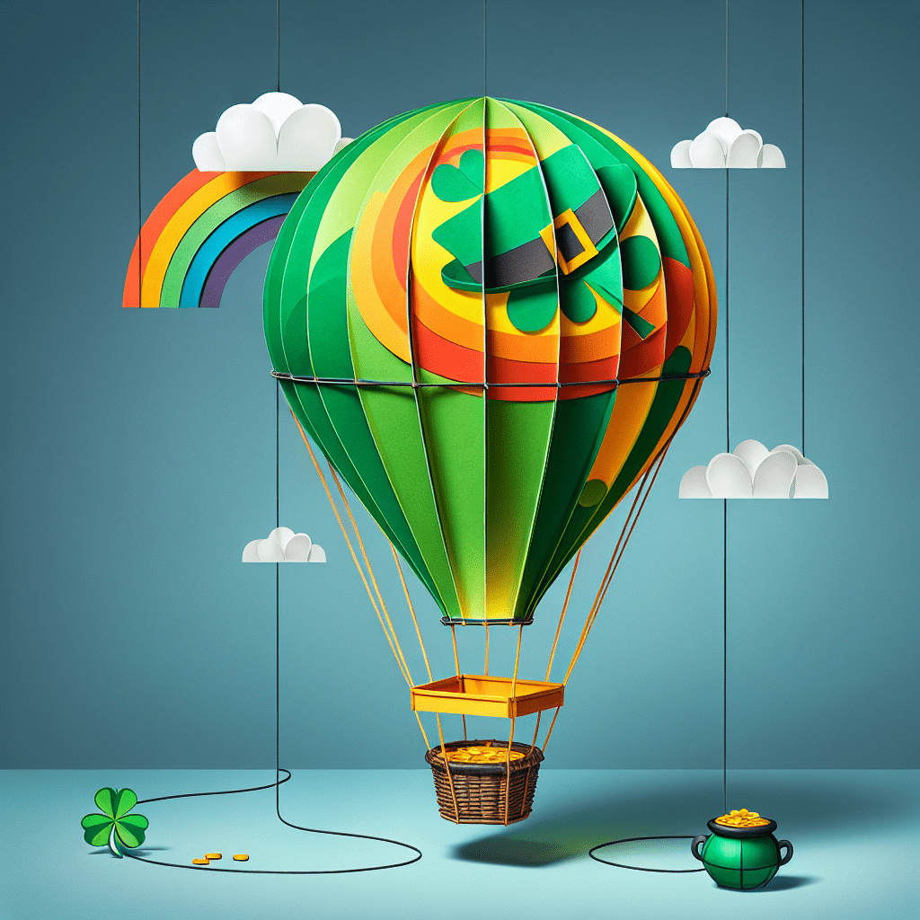 A colorful illustration of a leprechaun trap featuring a hot air balloon with a green shamrock design, floating above a basket with a trail of gold coins leading to a small pot of gold next to a four-leaf clover on a blue background with white cloud and rainbow accents.