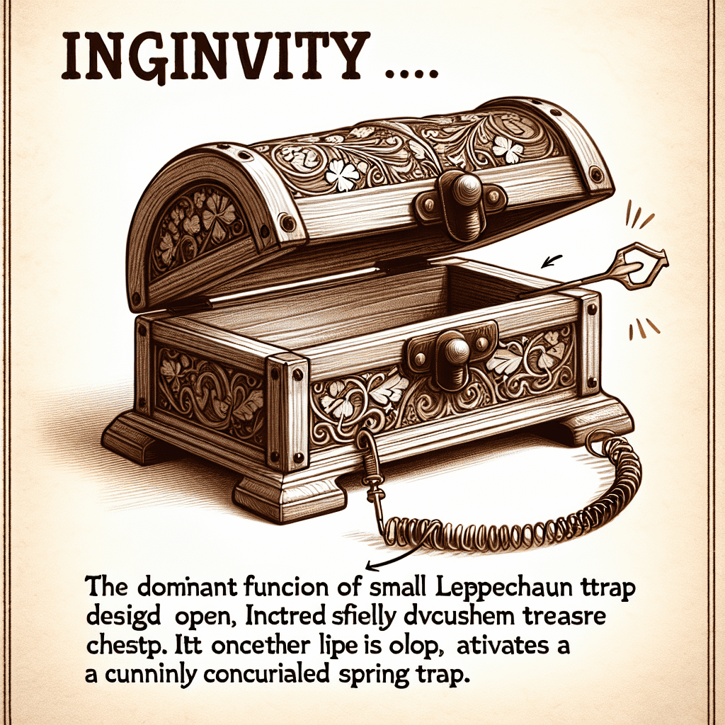 Alt text: Illustration of a vintage-style leprechaun trap designed like an ornate wooden chest with intricate floral patterns and a spring-loaded closing mechanism, labeled with the word "INGENUITY" at the top.