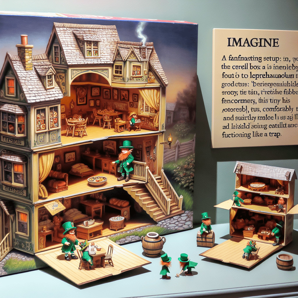 A detailed and whimsical model of a leprechaun trap resembling a cozy cottage, with multiple leprechauns engaging in various activities around it.