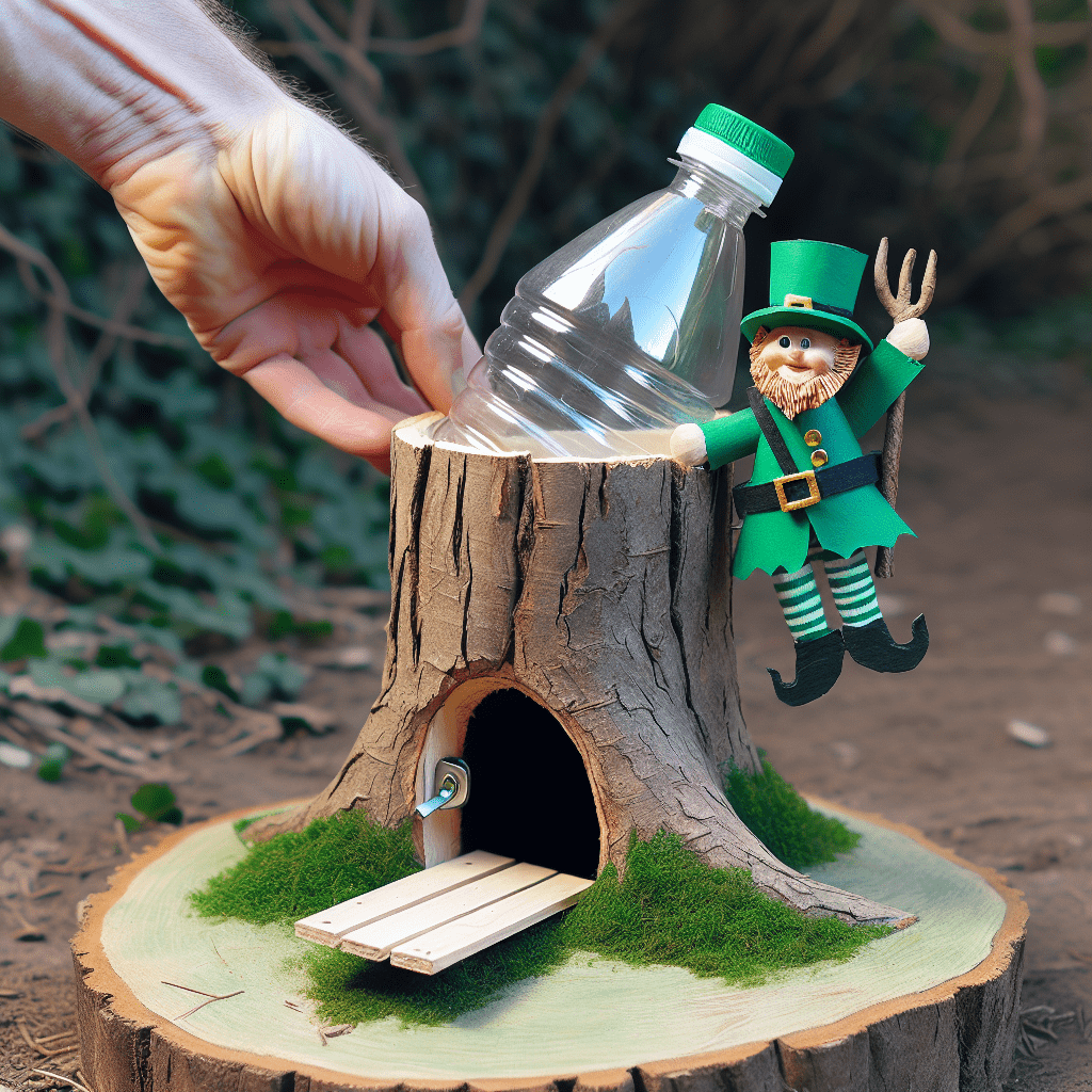 A homemade leprechaun trap featuring a small, cut tree stump with a door and a plank leading up to it, adorned with green moss. A cartoonish leprechaun figure is positioned beside the trap, and a hand is setting a plastic bottle on top of the stump as bait.