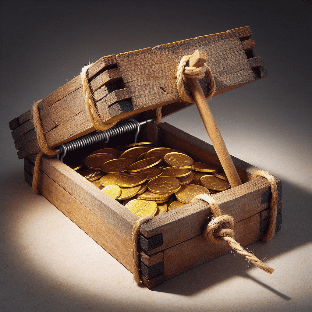 A wooden chest propped open with a stick, filled with shiny gold coins as bait, designed as a trap for a leprechaun.