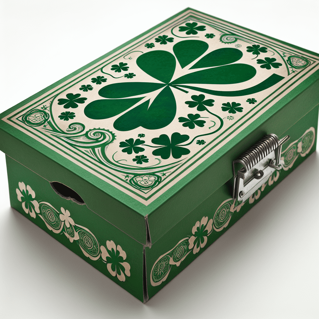 A decorative green box with a large shamrock on top, adorned with intricate Celtic patterns, designed to look like a leprechaun trap.