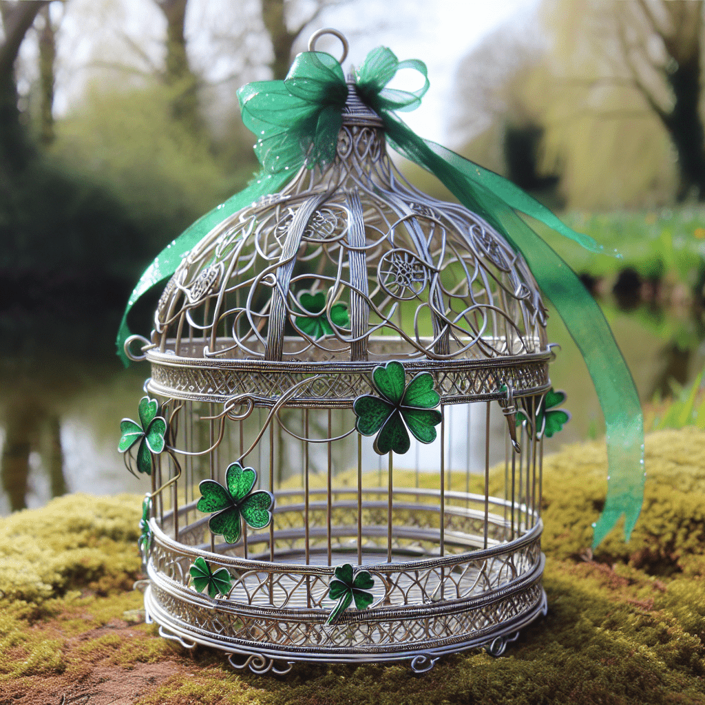 Alt text: A decorative birdcage adorned with green ribbons and shamrock motifs, set up as a leprechaun trap with a picturesque outdoor backdrop, including a pond.