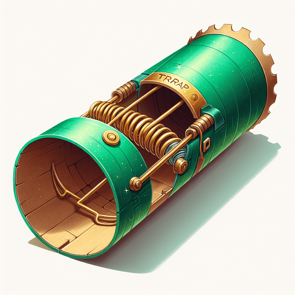 Alt text: Illustration of an imaginative leprechaun trap designed as a cylindrical container with a golden interior, a "TRAP" label on the side, and a circular saw-toothed end that appears to be a lid or a door. It is adorned with brass-like mechanical details and coils, suggesting a whimsical, steampunk vibe.