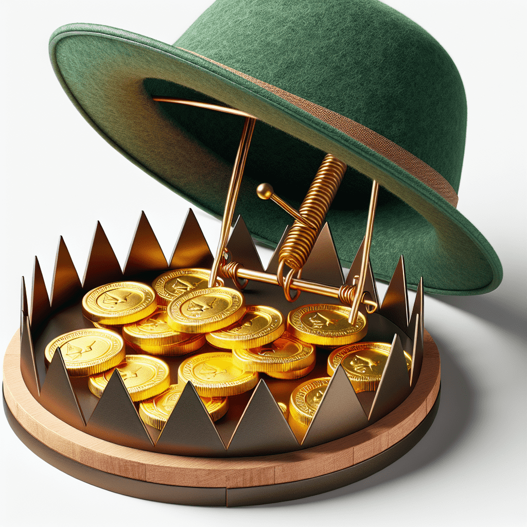 A whimsical illustration of a leprechaun trap featuring a large green hat covering a wooden platform with sharp spikes around the perimeter. In the center, a pile of shiny gold coins bait a traditional metal spring trap, all set against a white background.