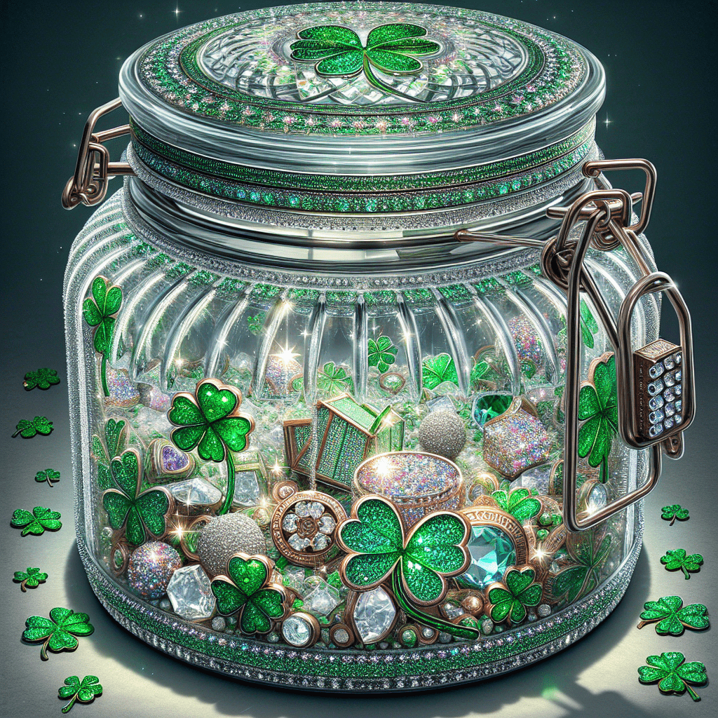 A sparkly, transparent leprechaun trap designed as a glass jar adorned with glittering clovers on the lid and surrounding areas, filled with shiny trinkets and coins to entice a leprechaun.