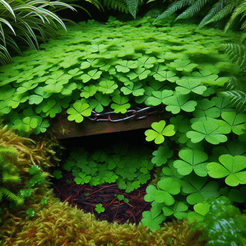A leprechaun trap set in a lush, green environment with clover leaves on the ground and ferns around. A camouflaged pitfall is covered by a layer of clover leaves with an inviting opening in the center.