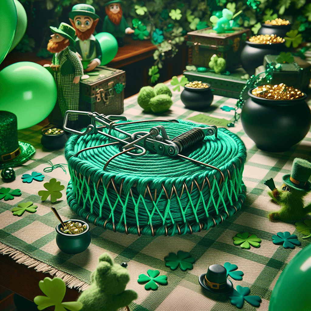 Alt text: A whimsical St. Patrick's Day-themed leprechaun trap setup featuring a woven basket with a mousetrap on top, surrounded by green decorations including shamrocks, balloons, pots of gold, and figurines of leprechauns.