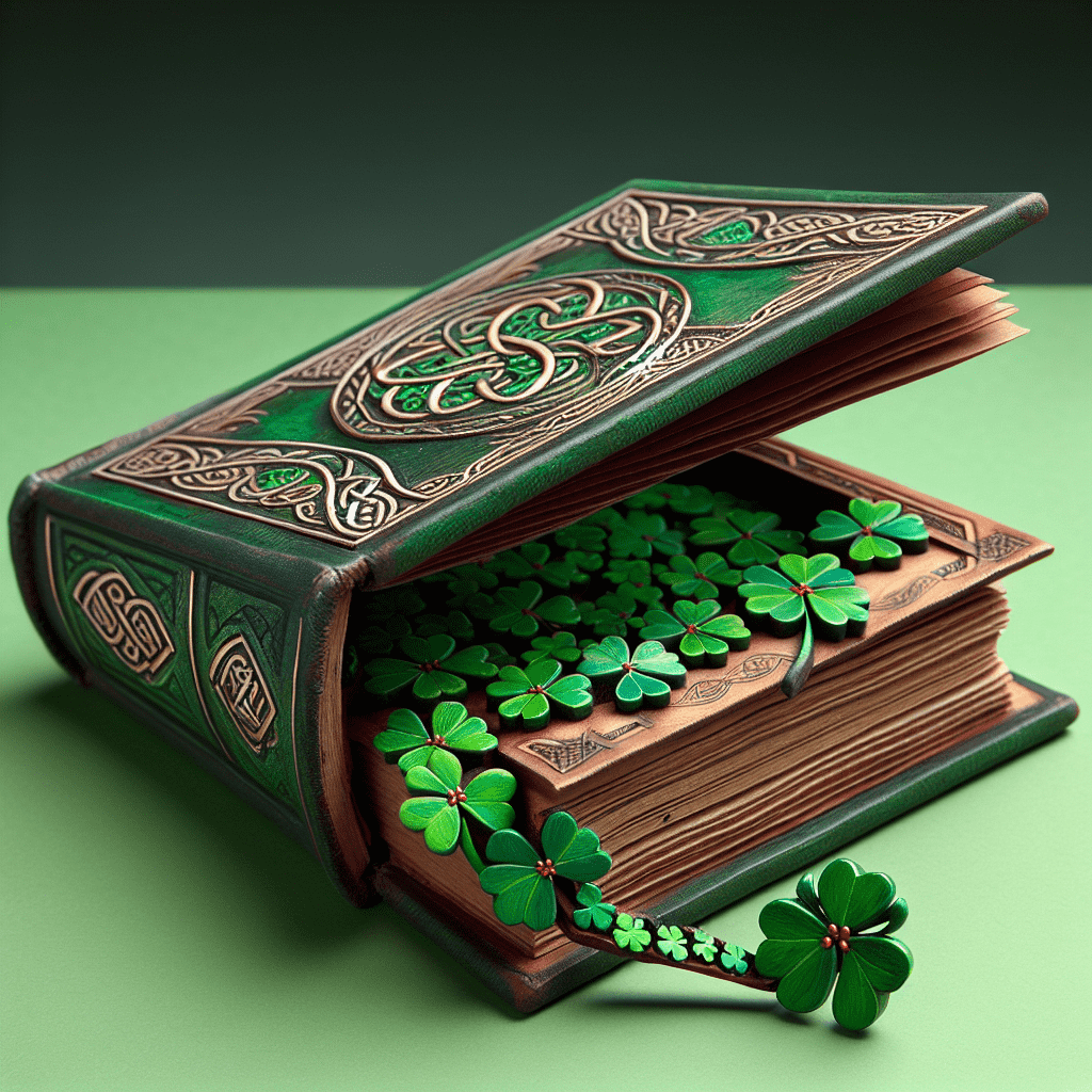 Alt text: A creatively designed leprechaun trap featuring an intricately carved book with Celtic designs, propped open to reveal a bed of lucky clovers inside, set against a green background.