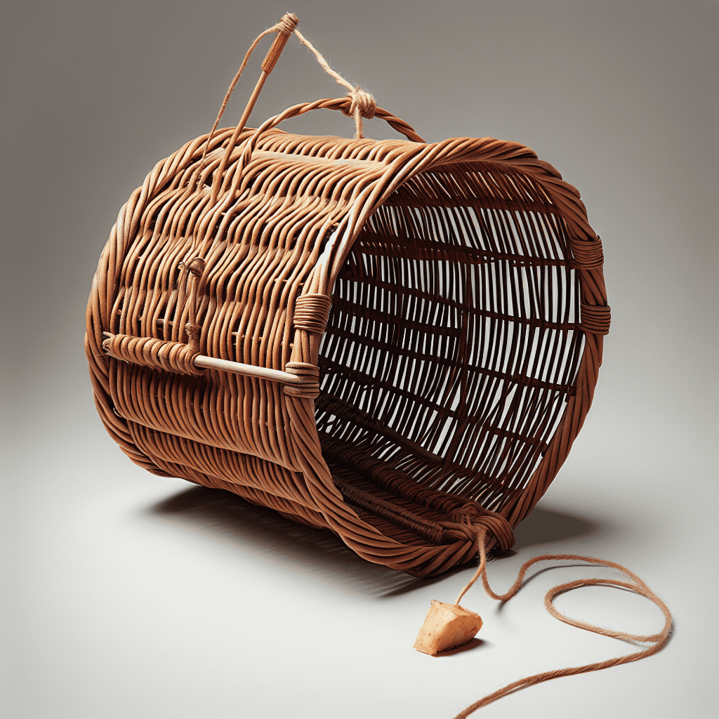 Alt text: A wicker basket leprechaun trap lying on its side with a stick and rope mechanism designed to capture a leprechaun, with a small bait of food attached at the end of the rope.