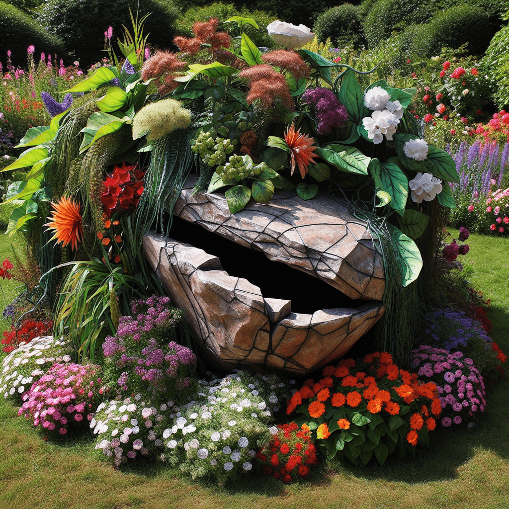 Alt text: A whimsical leprechaun trap designed to look like a large, open-mouthed stone head surrounded by a vibrant garden of flowers and plants.