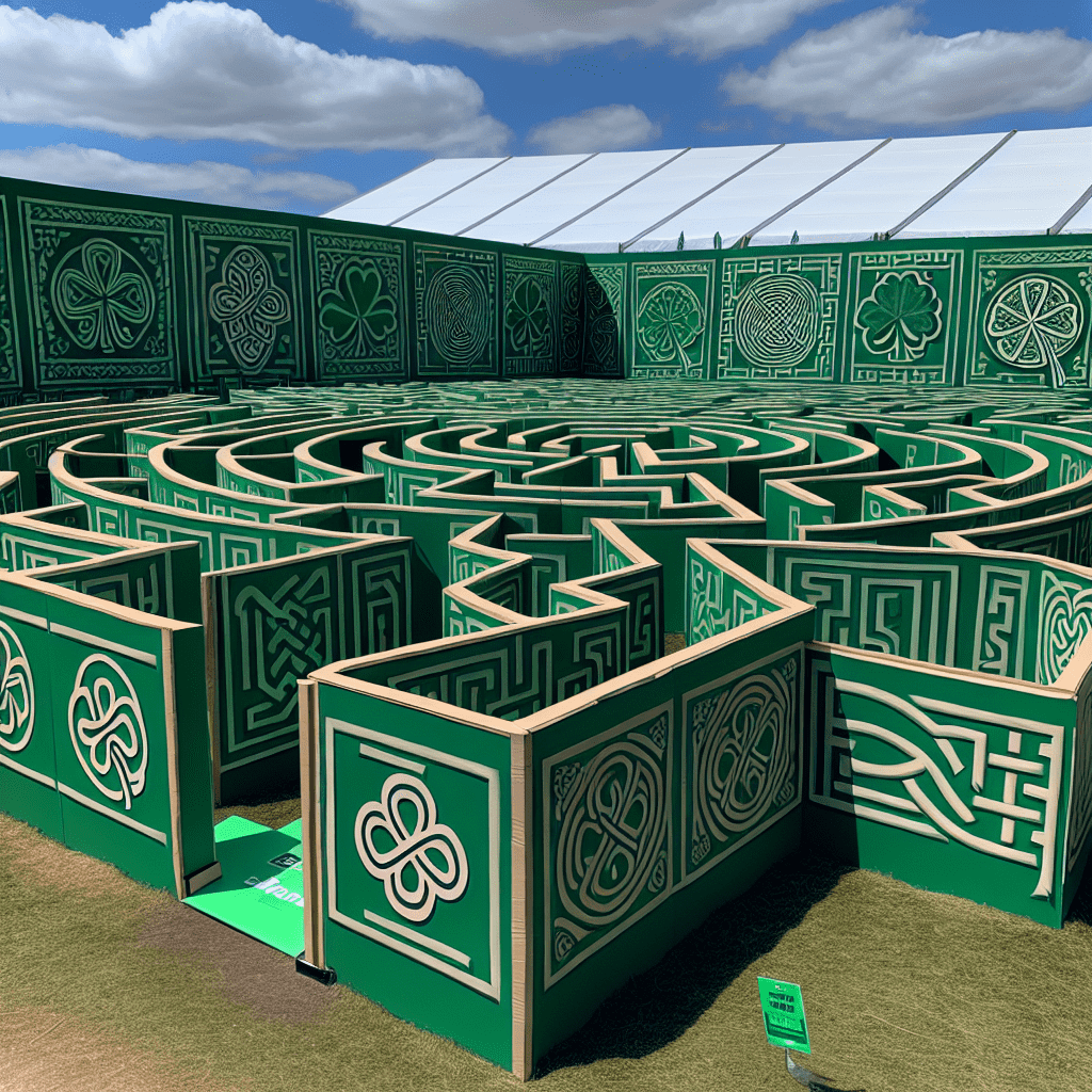 A St. Patrick's themed maze designed to look like a leprechaun trap with green walls featuring Irish symbols like clovers.