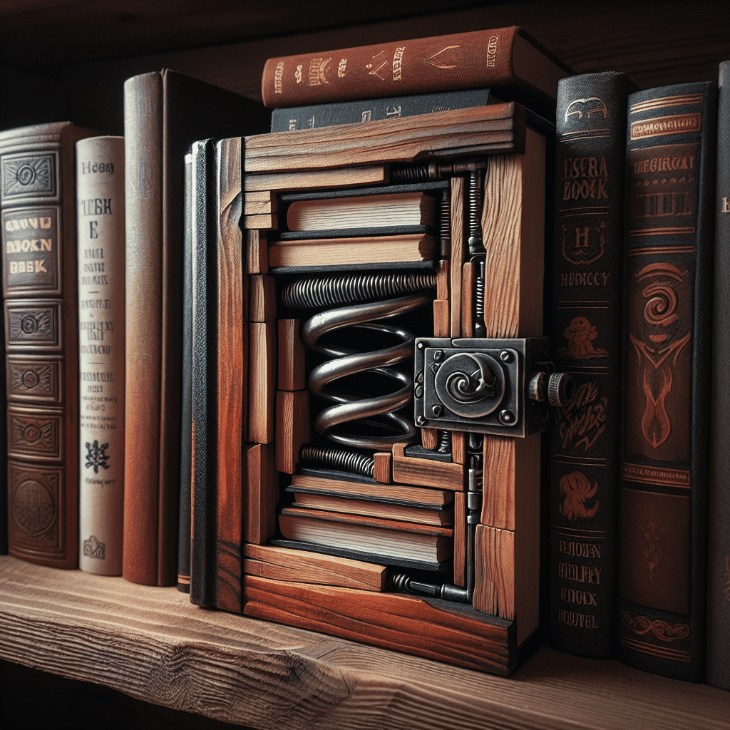 A clever leprechaun trap disguised as a bookshelf, with a spring trap set behind a book with a lockable latch.