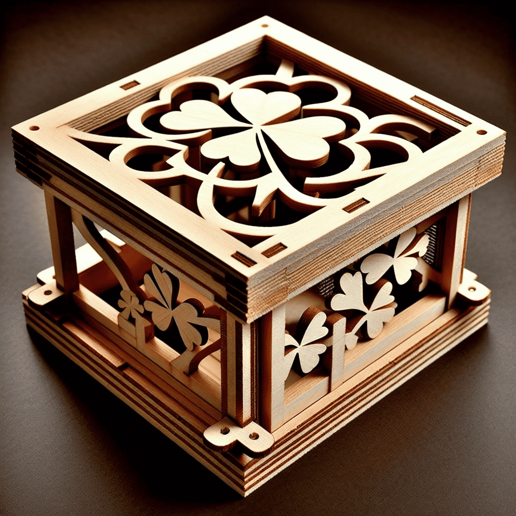 Alt text: A wooden leprechaun trap with intricate cut-out designs featuring shamrocks and Celtic patterns on its sides and top, set against a dark background.