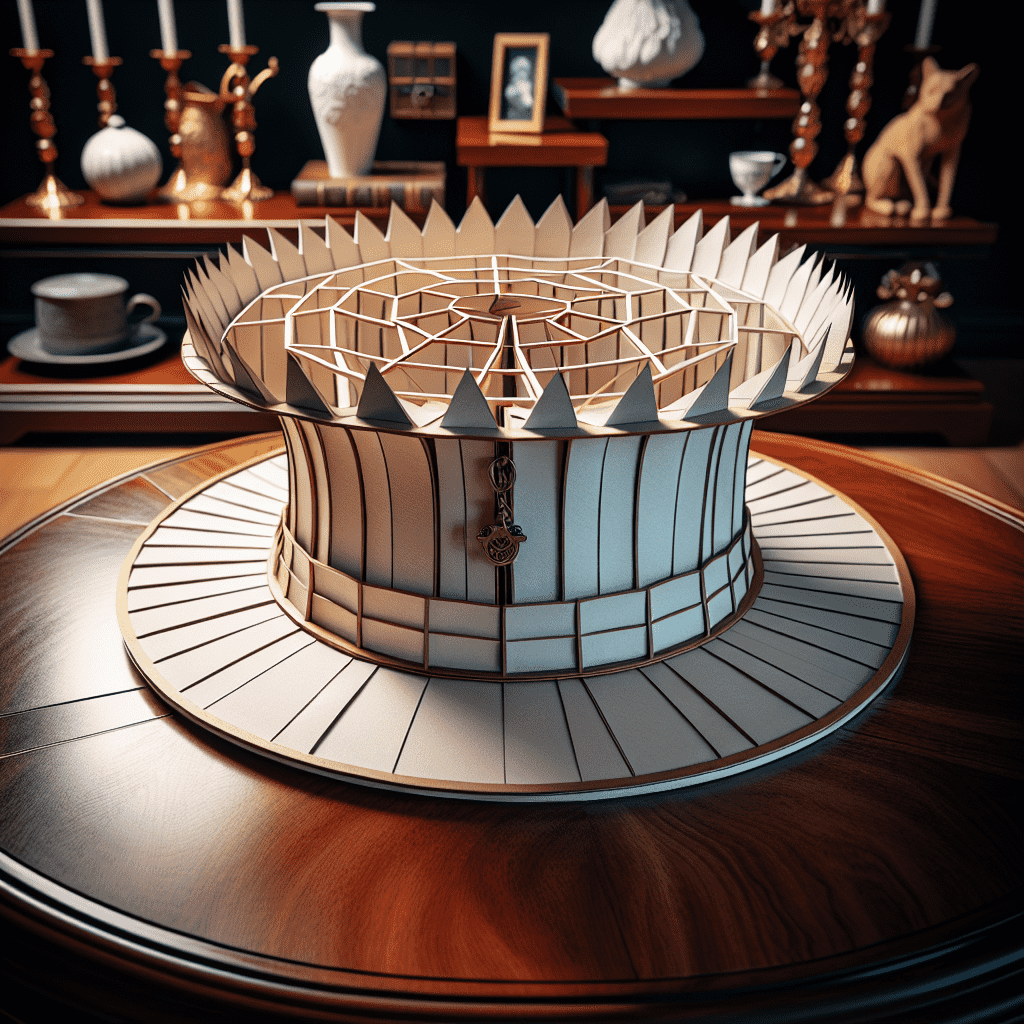 A 3D-rendered leprechaun trap designed as an ornate circular cage with inward-pointing spikes on top, featuring a clover charm hanging from the entrance, set upon a wooden table.