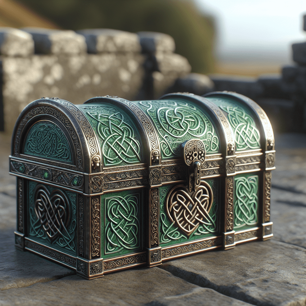 An intricately designed chest with Celtic patterns and a green hue, possibly intended as a decorative leprechaun trap.