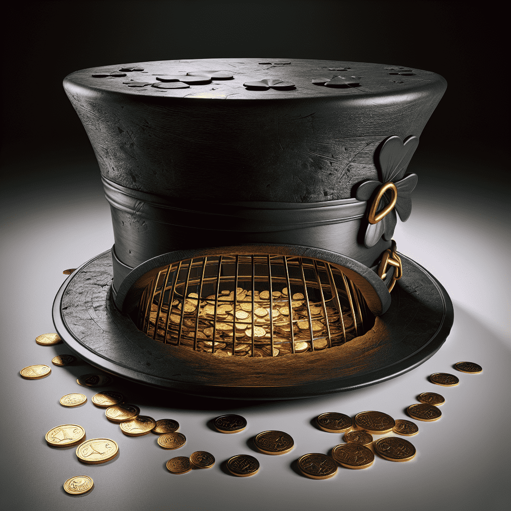 An illustrated leprechaun trap featuring an oversized top hat with a false top and gold coins, designed to lure a leprechaun onto a hidden platform that gives way to drop it into a cage below.